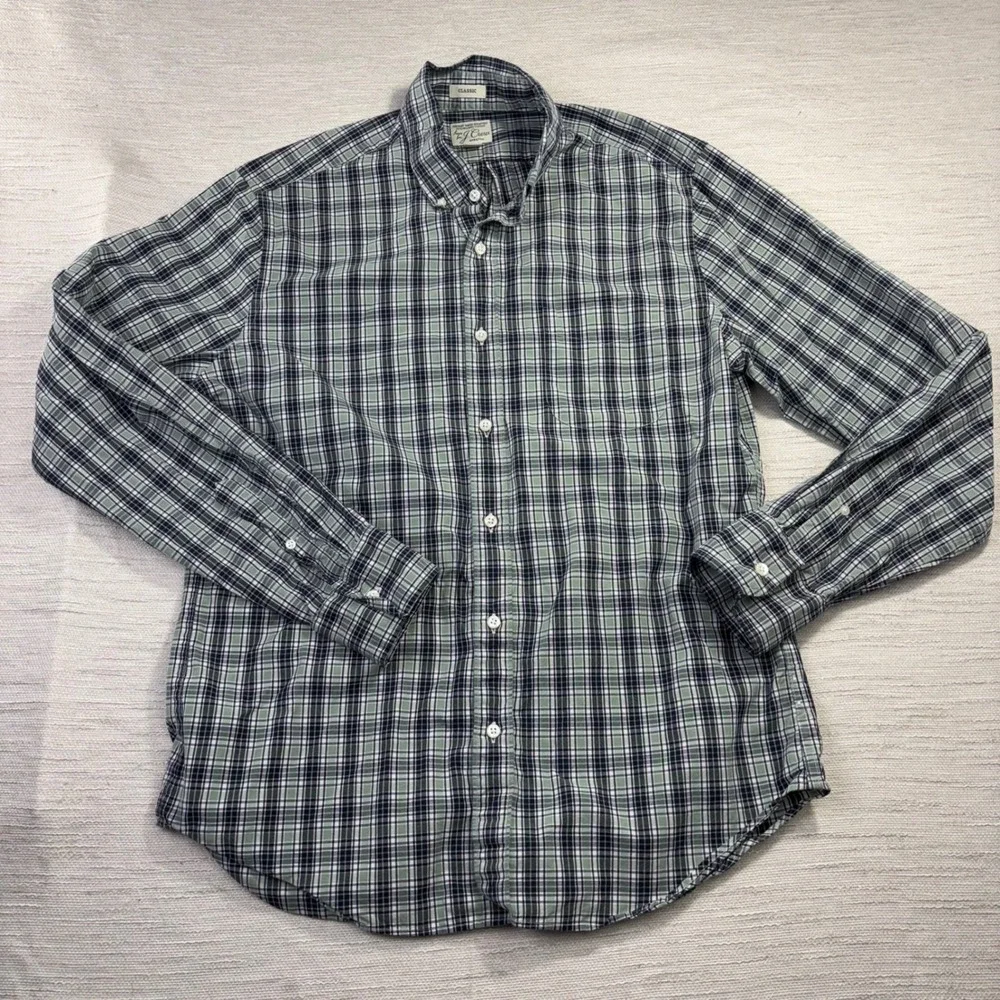 J. Crew Secret Wash Shirt Mens Medium Green Navy Plaid Organic Cotton Stretch
